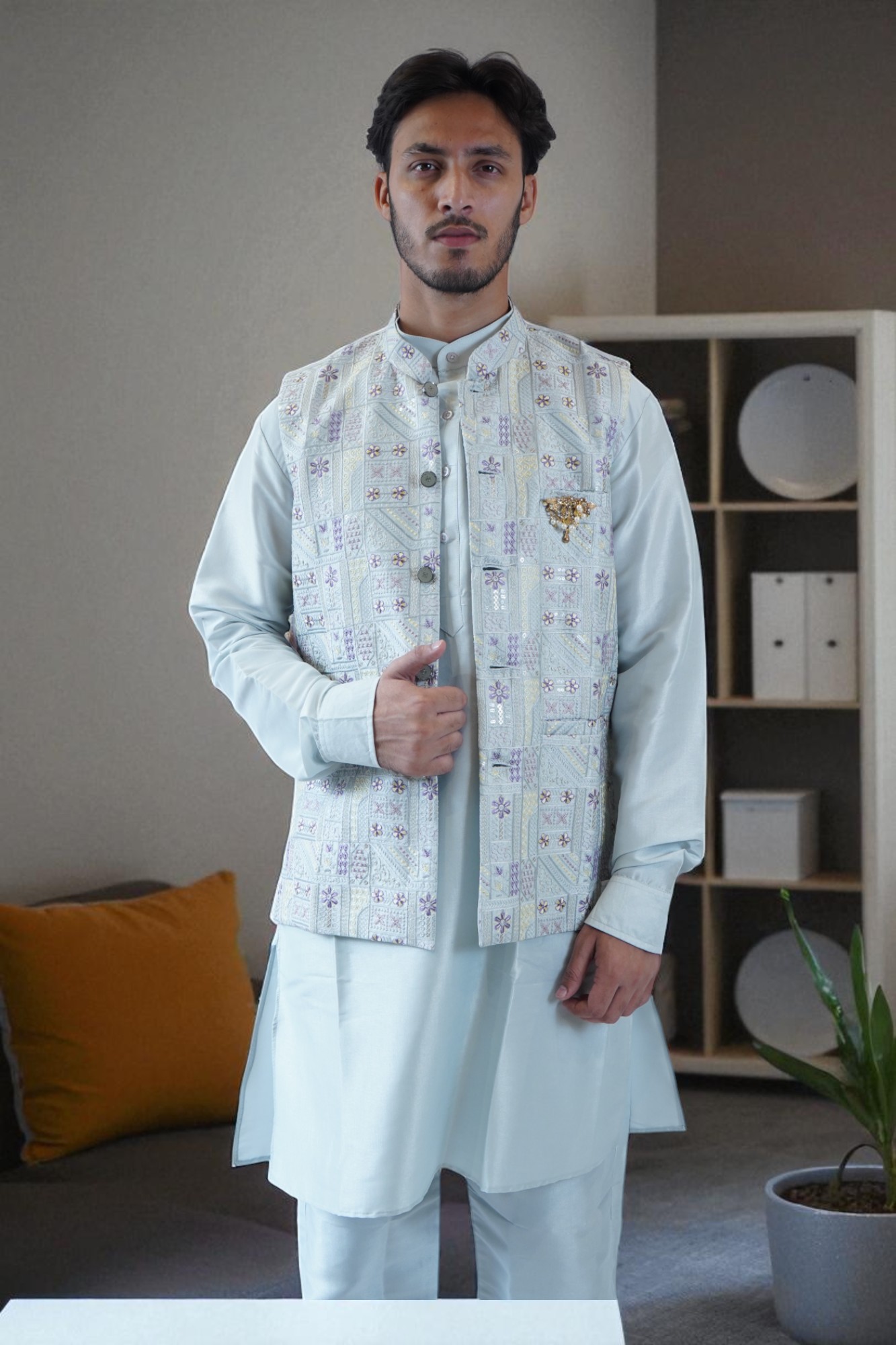 Festival & Wedding Wear Sky Blue Kurta Jacket Set