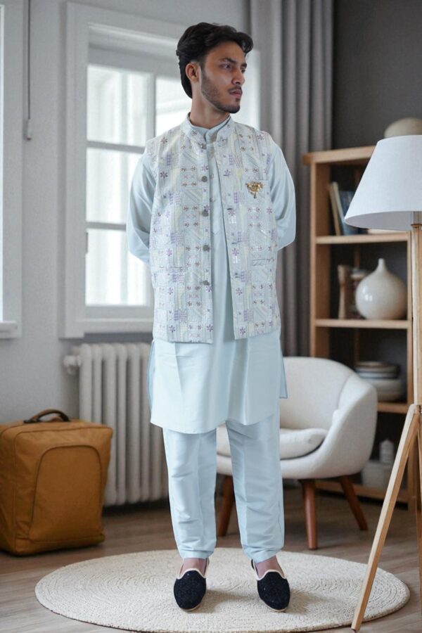 Festival & Wedding Wear Sky Blue Kurta Jacket Set - Image 2