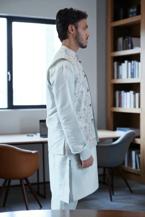 Festival & Wedding Wear Sky Blue Kurta Jacket Set - Image 3