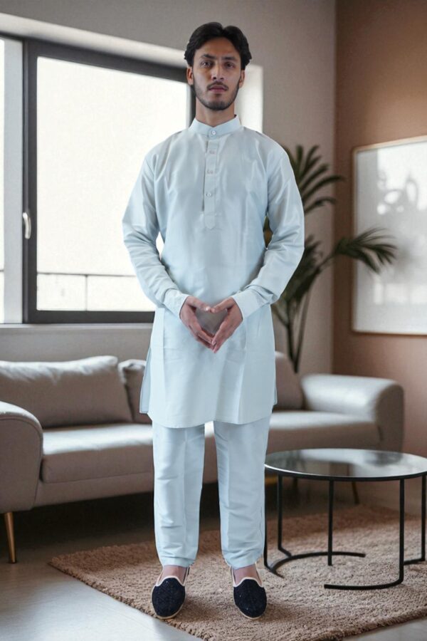 Festival & Wedding Wear Sky Blue Kurta Jacket Set - Image 4
