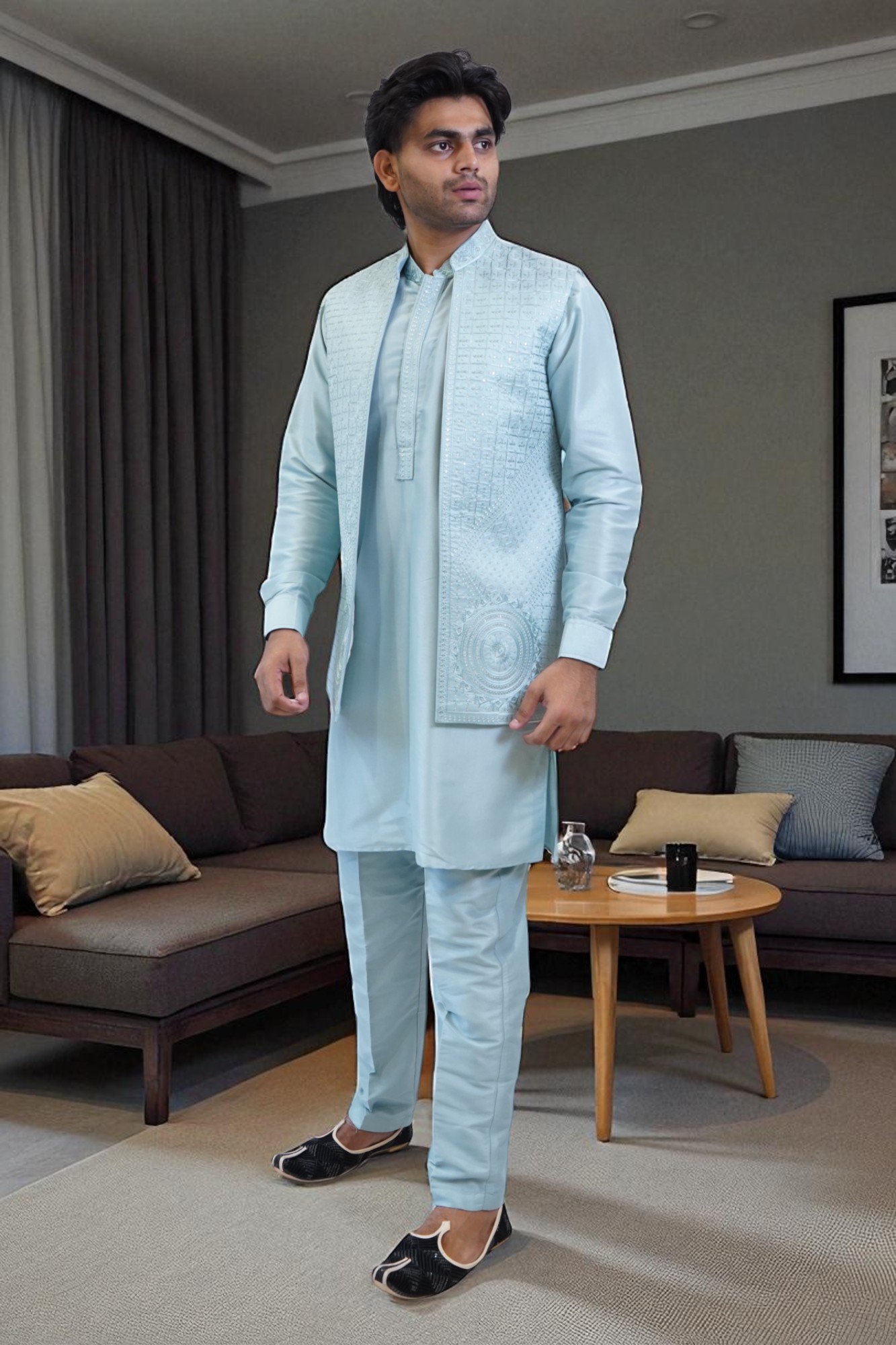 Sky Blue Kurta Jacket Set – Premium Embroidery Design | Luxury Occasion Wear