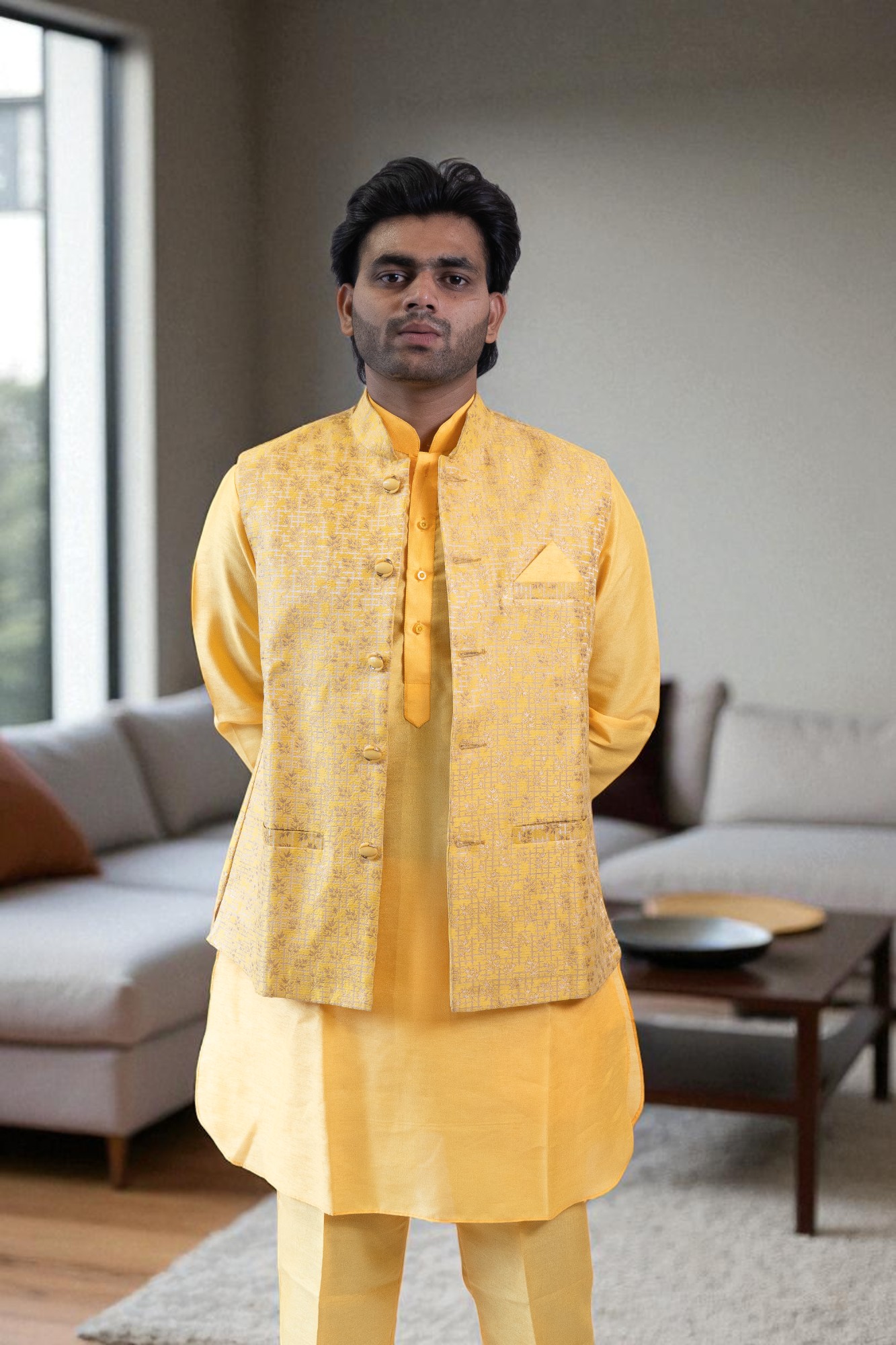 Kurta Pajama with Jacket in Yellow