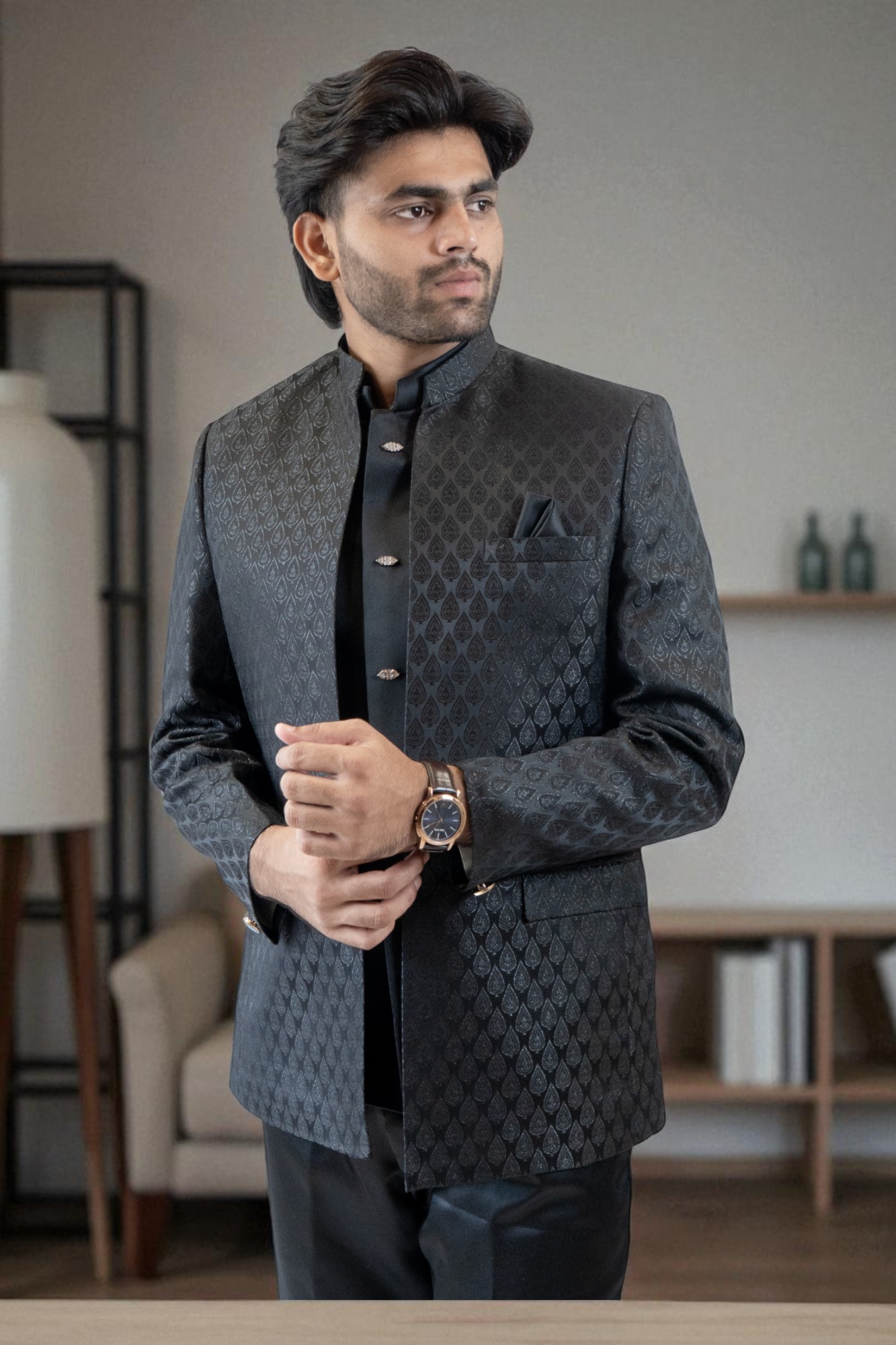 Black self-printed Jodhpuri suit for wedding