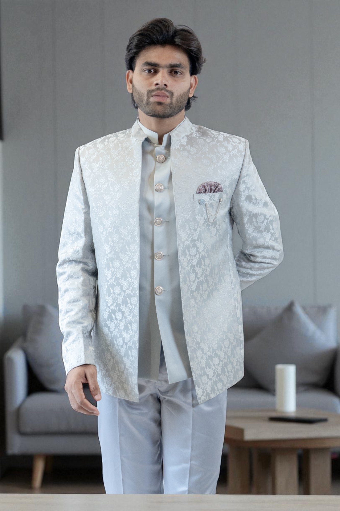 Stylish designer grey Jodhpuri suit for party wear