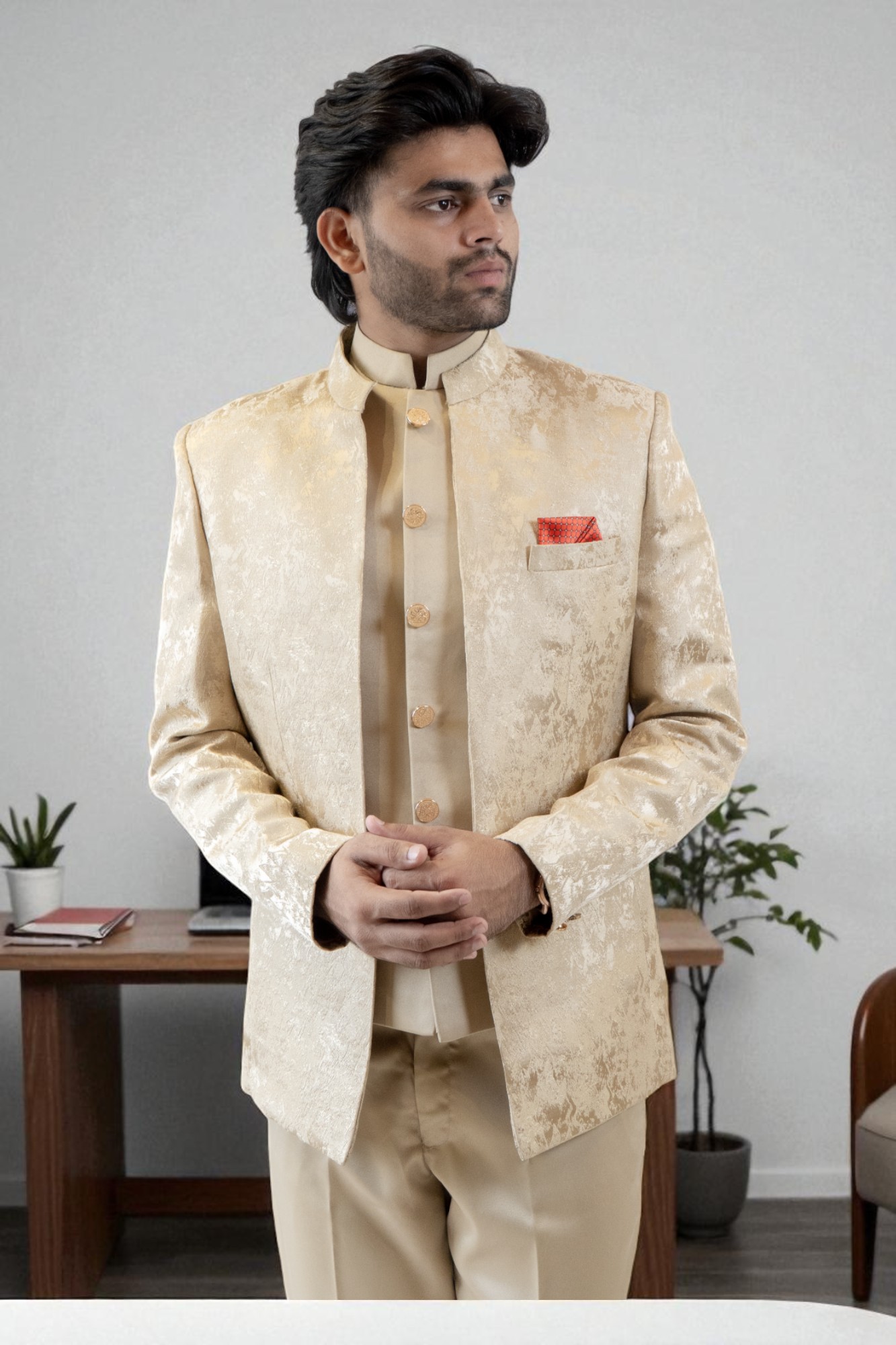 Stylish golden Jodhpuri suit for festive occasions