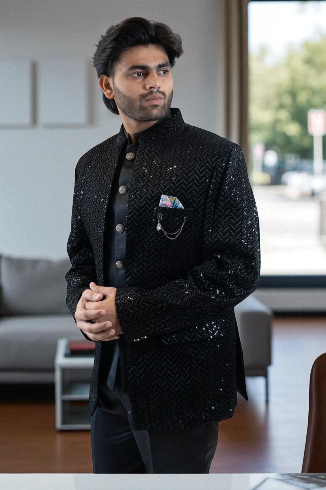 Black Heavy Work Handcrafted Jodhpuri Suit with Sequins | Wedding & Cultural Ceremony Outfit for Men