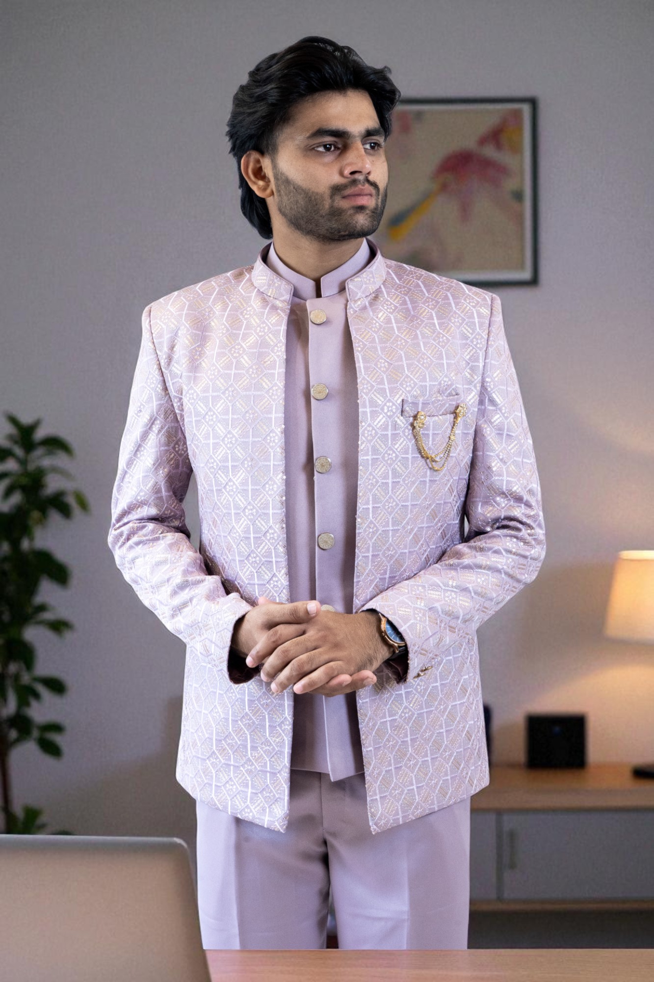 Jodhpuri Suit crafted from premium suiting fabric with a self-printed design