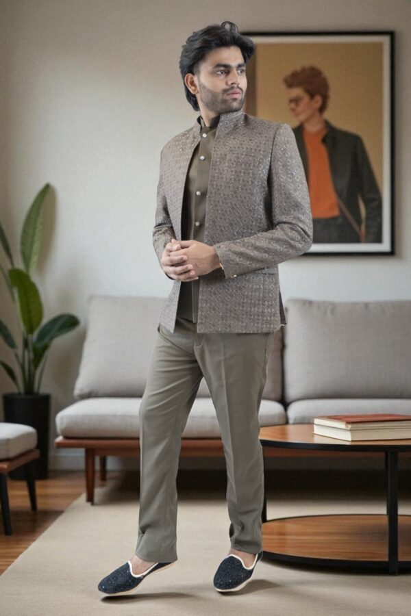 Party Wear Mehndi Green Jodhpuri Suit for Men - Image 3