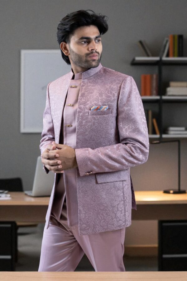 stylish lavender Jodhpuri suit with a self-print design