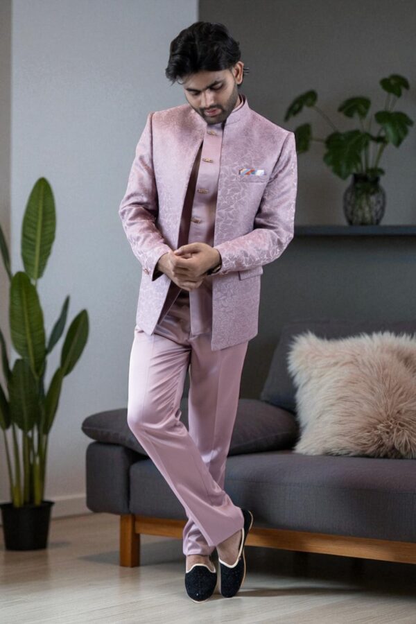 stylish lavender Jodhpuri suit with a self-print design - Image 3