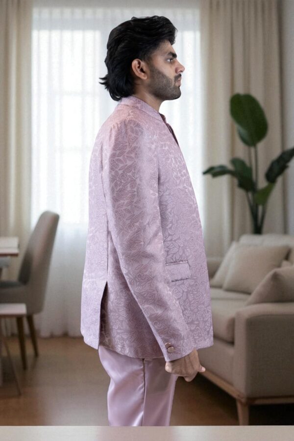 stylish lavender Jodhpuri suit with a self-print design - Image 4