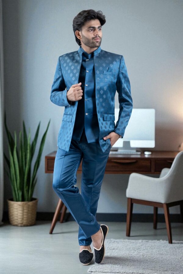 Party wear blue self-printed Jodhpuri suit for men - Image 2