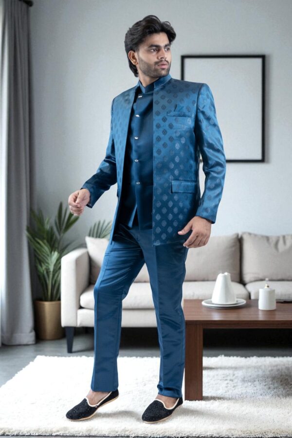 Party wear blue self-printed Jodhpuri suit for men - Image 3