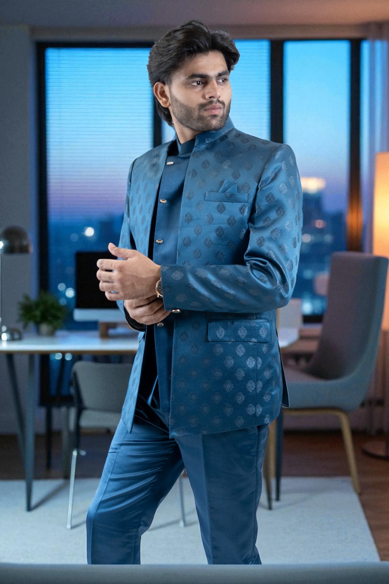 Party wear blue self-printed Jodhpuri suit for men