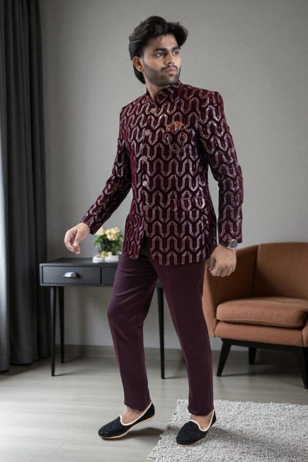 Maroon Party Wear Sequin Jodhpuri Suit for Men - Image 3