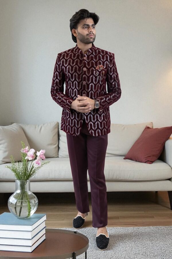 Maroon Party Wear Sequin Jodhpuri Suit for Men - Image 2