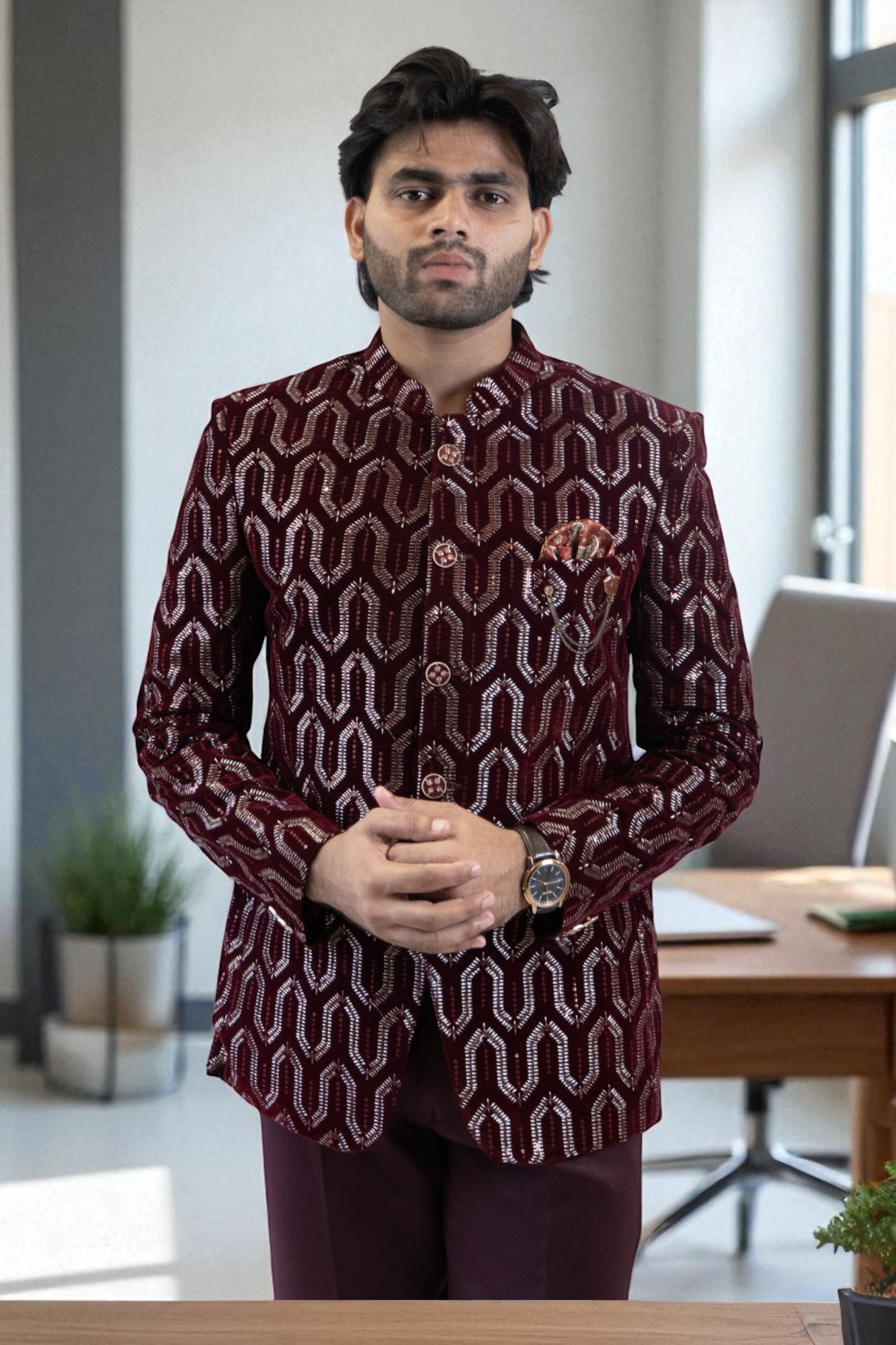 Maroon Party Wear Sequin Jodhpuri Suit for Men