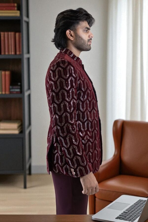 Maroon Party Wear Sequin Jodhpuri Suit for Men - Image 5