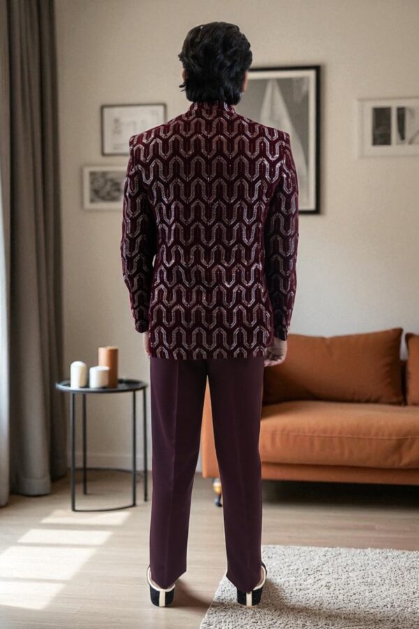 Maroon Party Wear Sequin Jodhpuri Suit for Men - Image 4