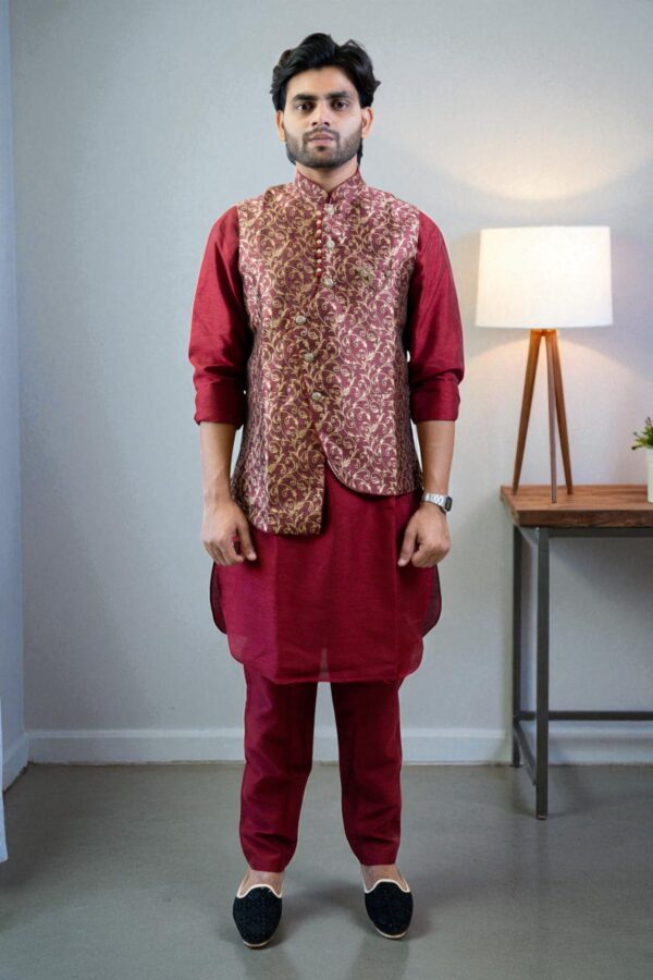 red printed kurta jacket set - Image 2