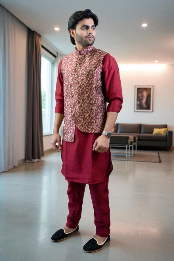 red printed kurta jacket set - Image 3