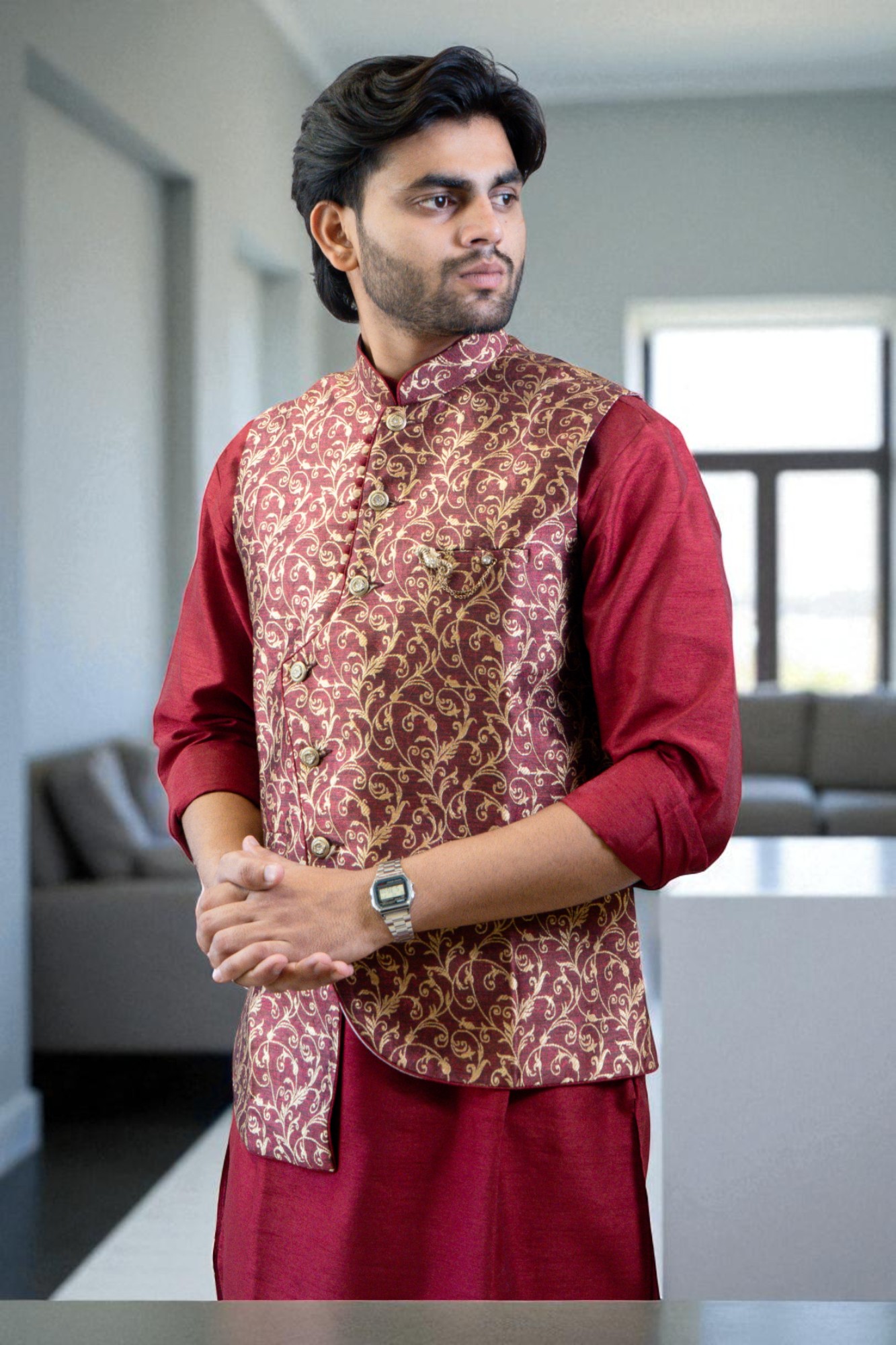 red printed kurta jacket set