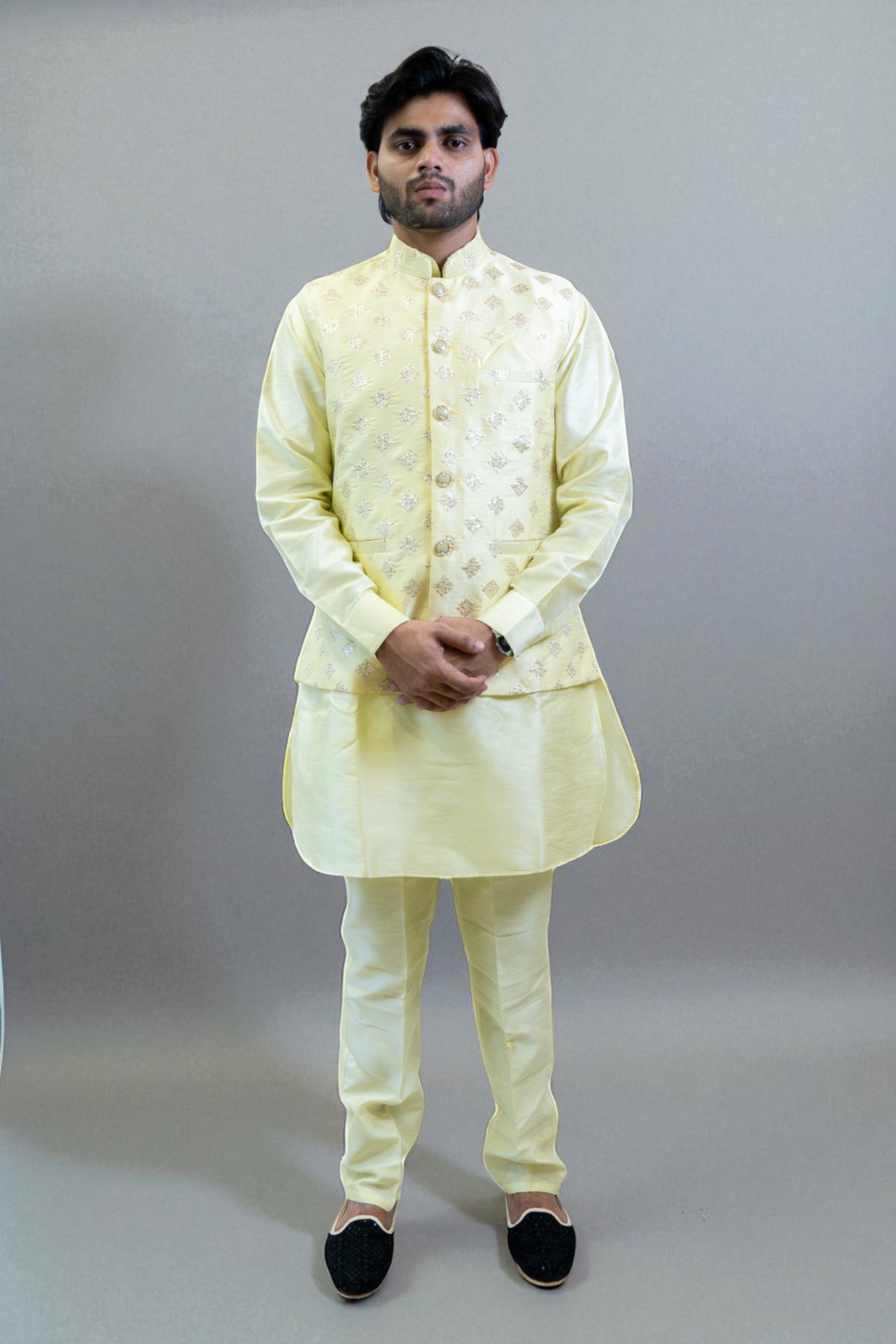 Lemon Color Kurta Jacket Set – Linen Fabric with Embroidery & Sequin Design