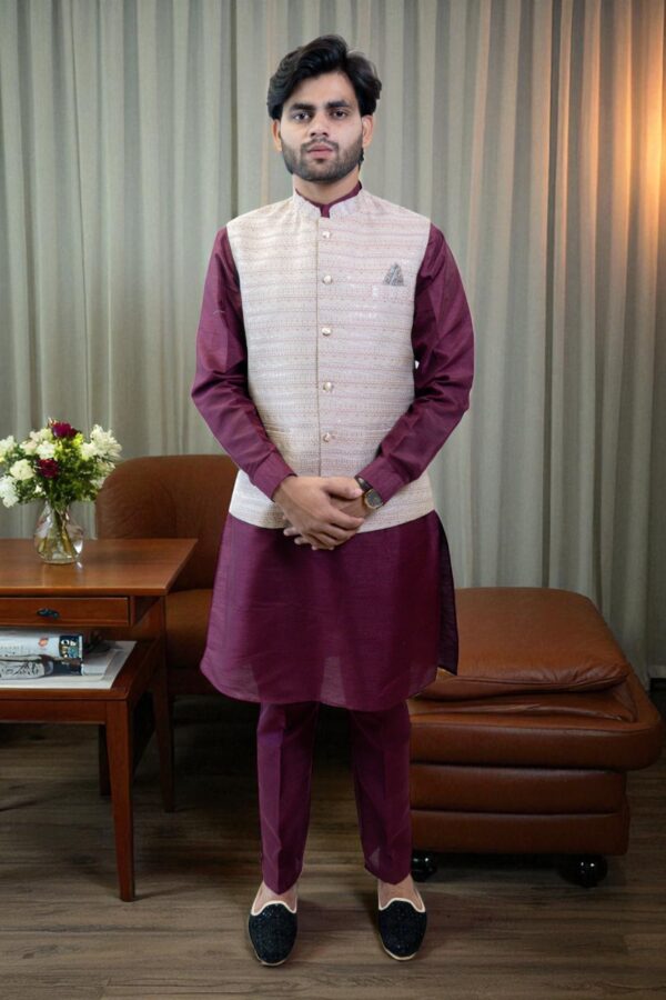 Stylish Maroon Ethnic Wear for Men – Maroon Kurta Jacket Set with Embroidery - Image 2