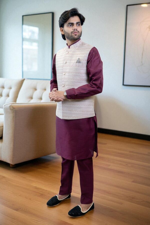Stylish Maroon Ethnic Wear for Men – Maroon Kurta Jacket Set with Embroidery - Image 3