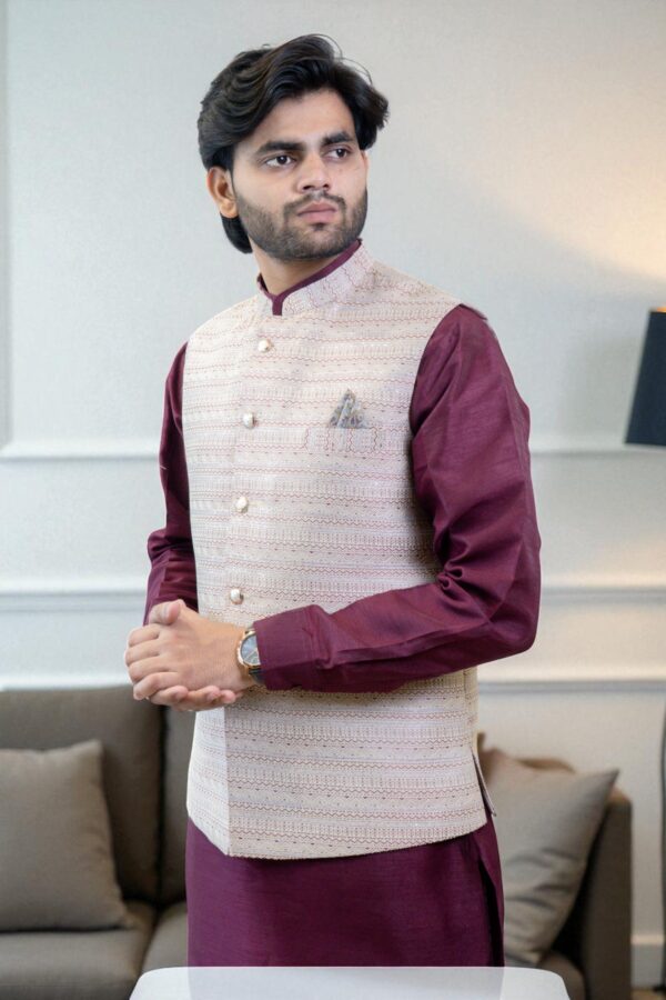 Stylish Maroon Ethnic Wear for Men – Maroon Kurta Jacket Set with Embroidery