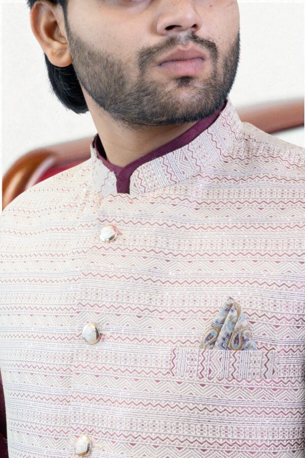 Stylish Maroon Ethnic Wear for Men – Maroon Kurta Jacket Set with Embroidery - Image 4