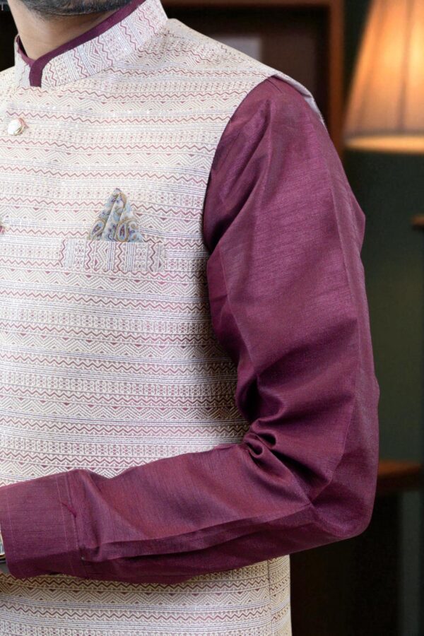 Stylish Maroon Ethnic Wear for Men – Maroon Kurta Jacket Set with Embroidery - Image 5