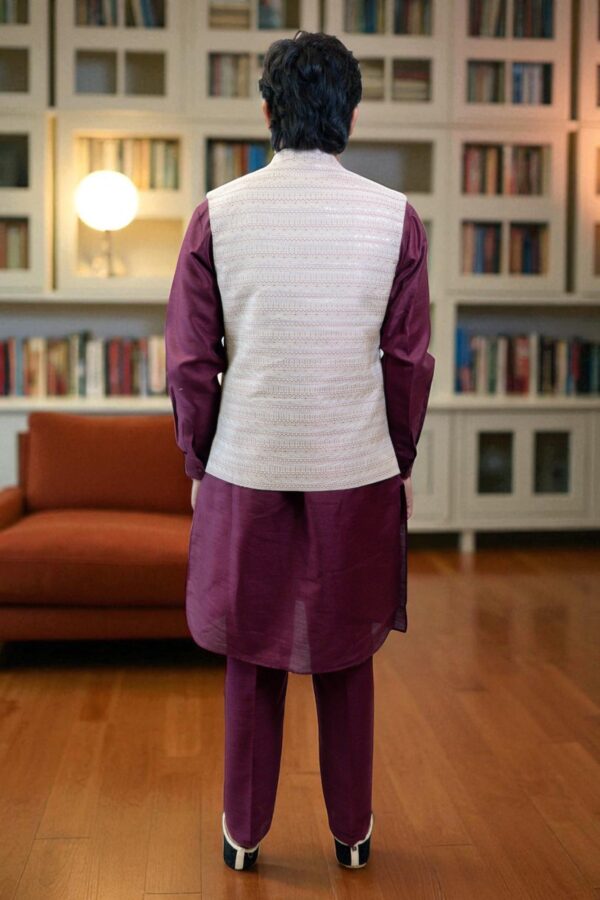 Stylish Maroon Ethnic Wear for Men – Maroon Kurta Jacket Set with Embroidery - Image 7