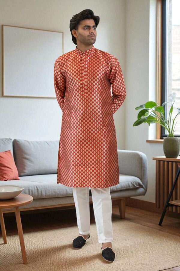 Mehroon & Gold Banarasi Silk Kurta Pajama - Image 2