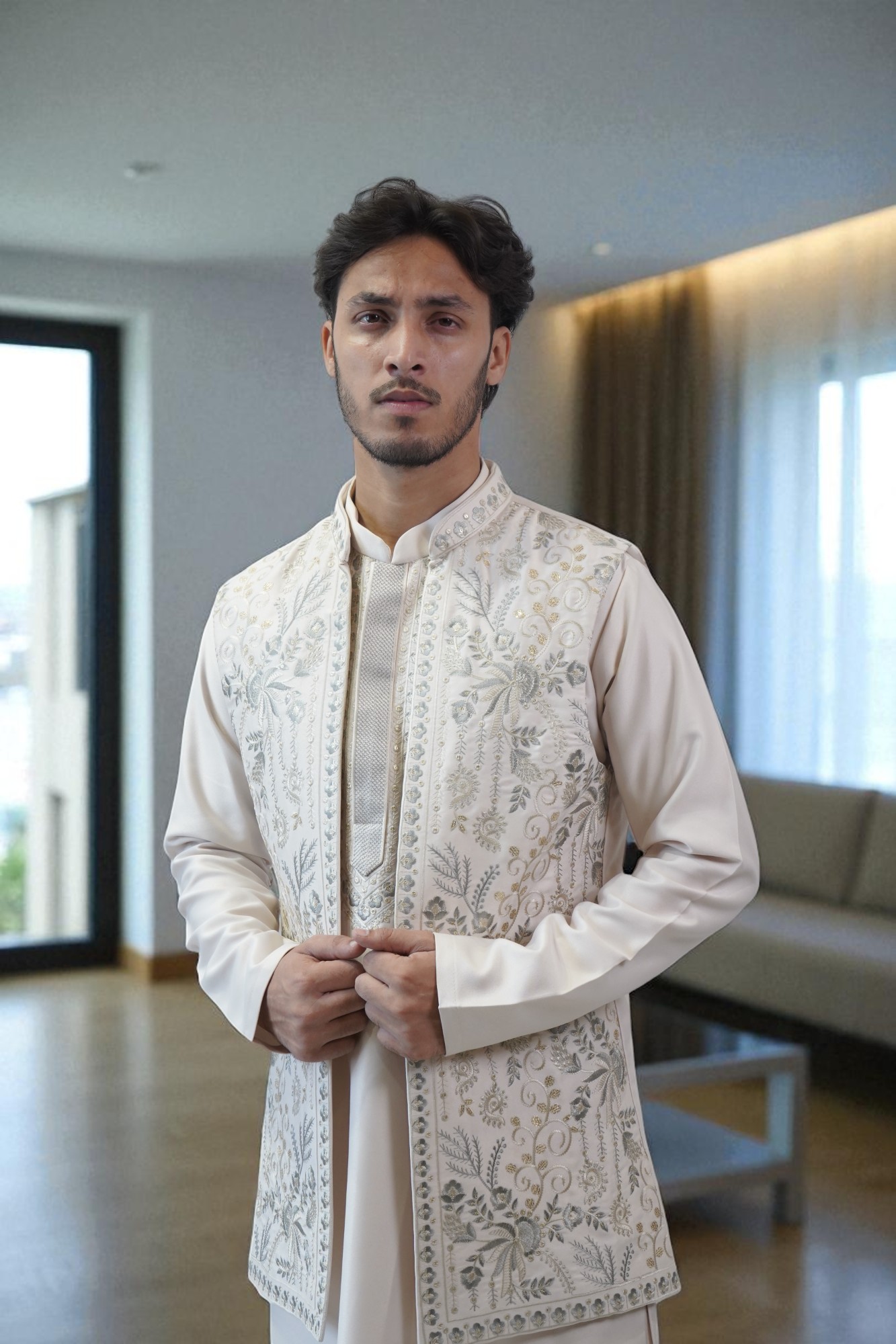 Embroidered Indo Western for men made from suiting fabric
