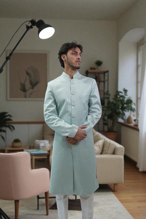 Pista Green Indo Western for men with sequin design - Image 4