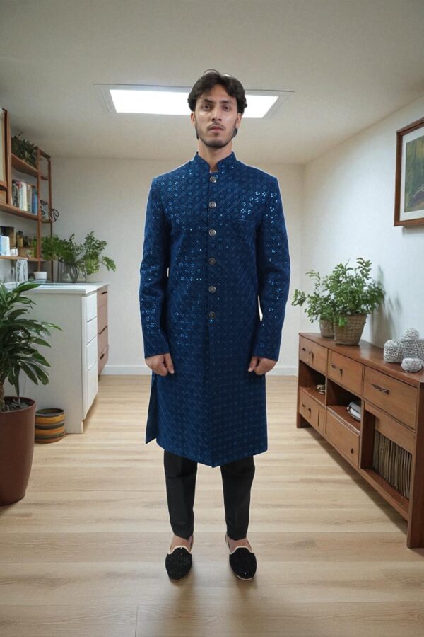 Blue Sequins Embroidered Indo Western for men - Image 5