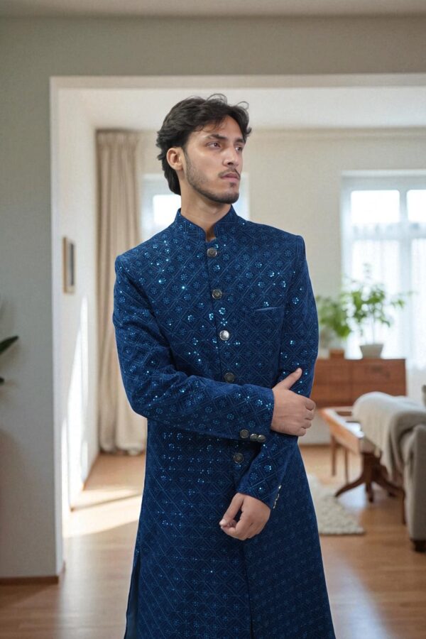 Blue Sequins Embroidered Indo Western for men - Image 2