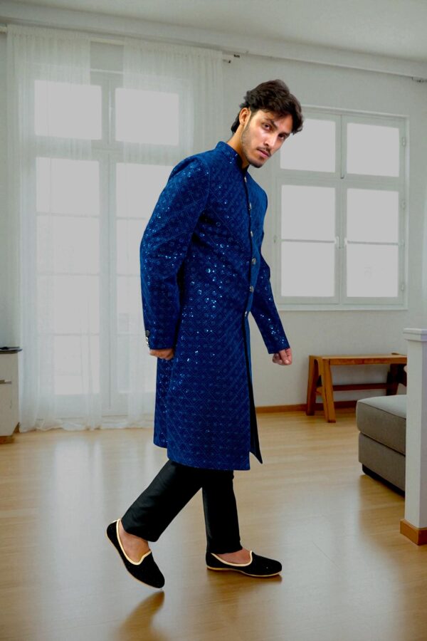 Blue Sequins Embroidered Indo Western for men - Image 4