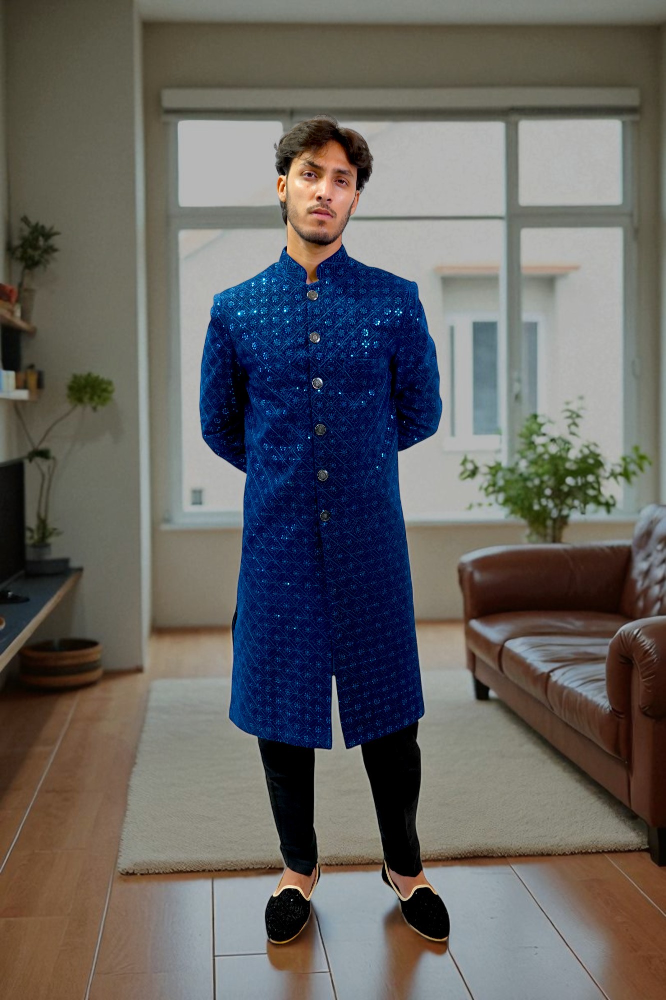 Blue Sequins Embroidered Indo Western for men