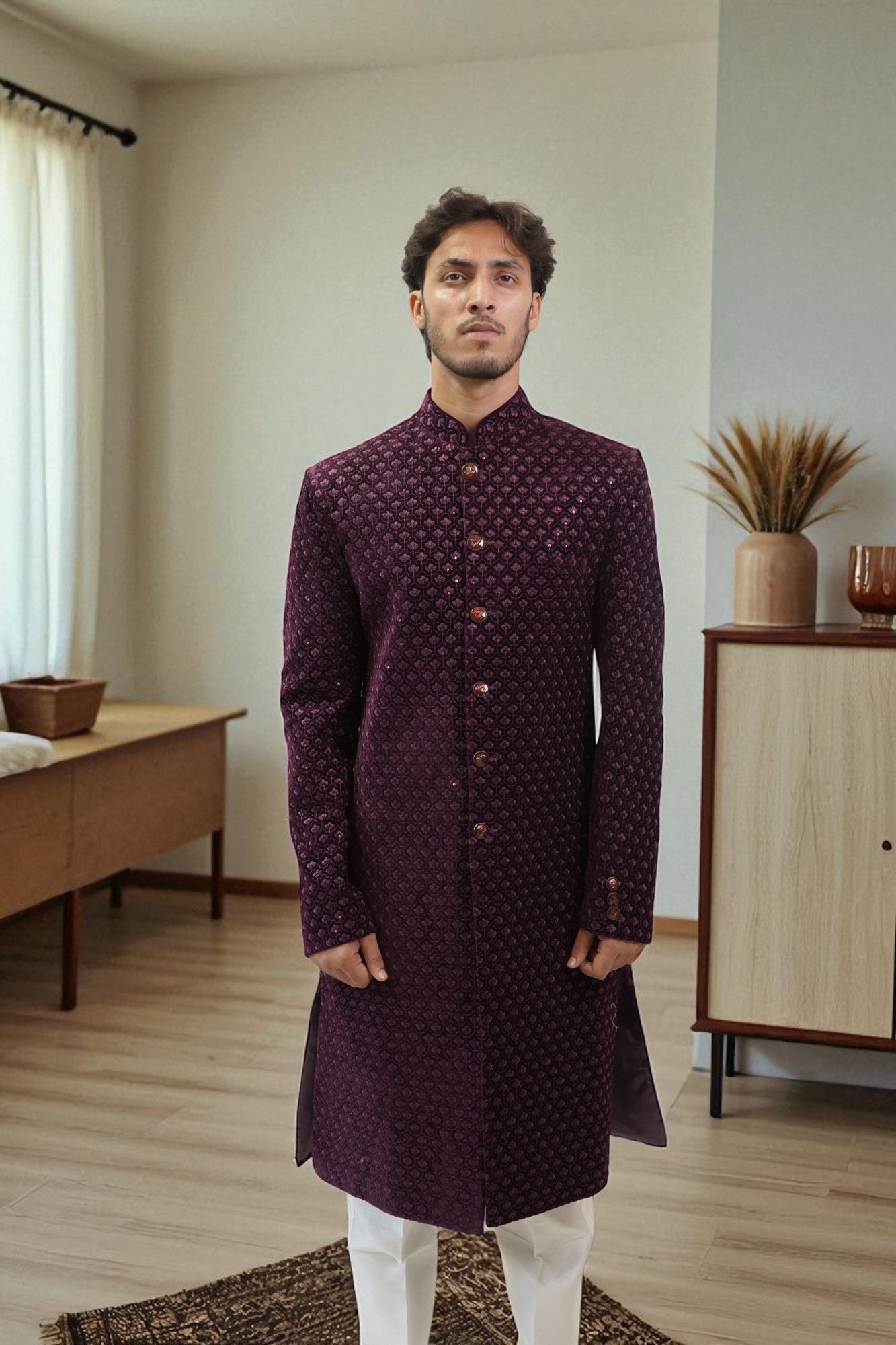 Maroon Embroidered Indo Western for men