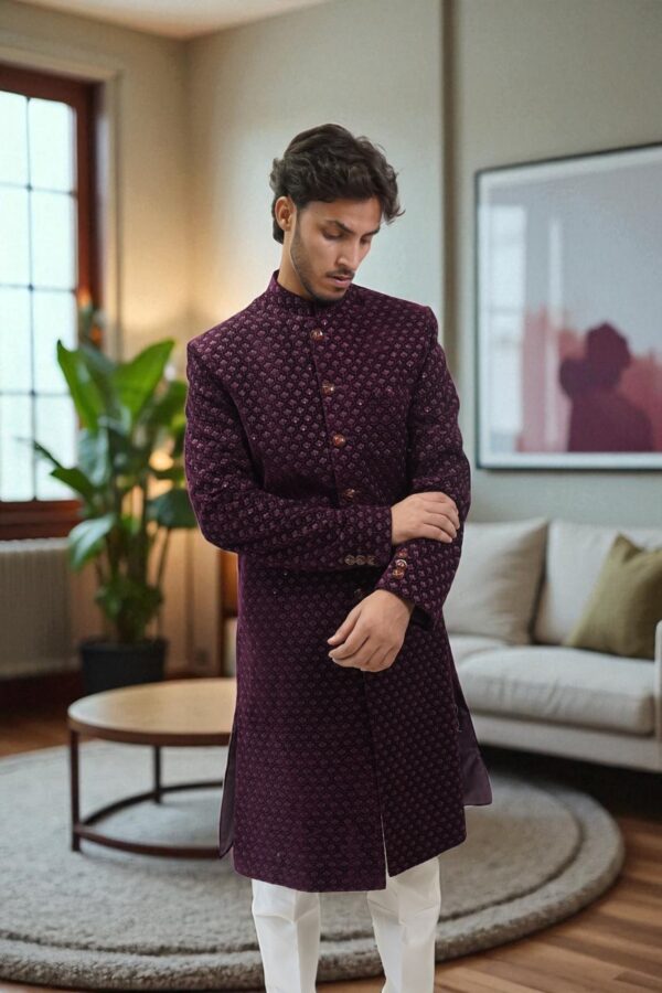Maroon Embroidered Indo Western for men - Image 3