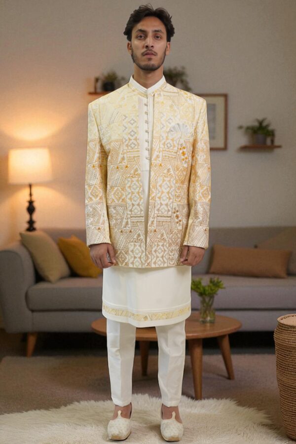 Yellow Multi-Color Hand Embroidered Indo-Western Set - Image 2