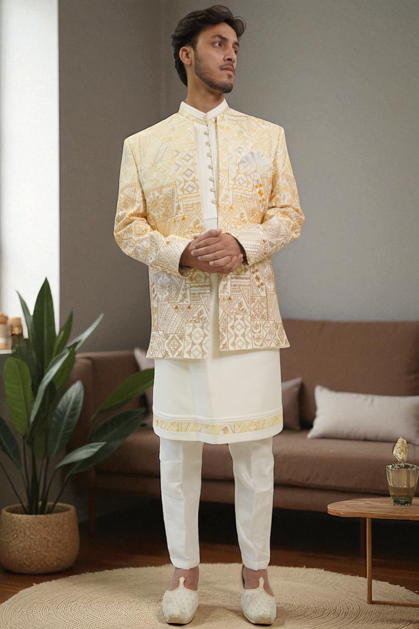 Yellow Multi-Color Hand Embroidered Indo-Western Set