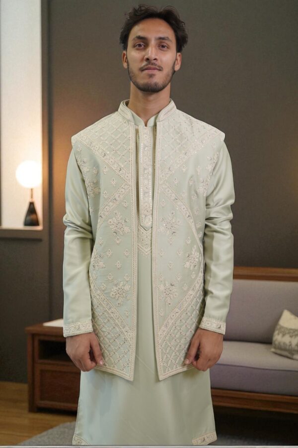 Olive Hand Embroidered Indo-Western Set - Image 3