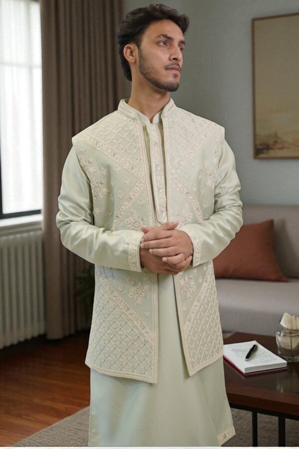 Olive Hand Embroidered Indo-Western Set - Image 5