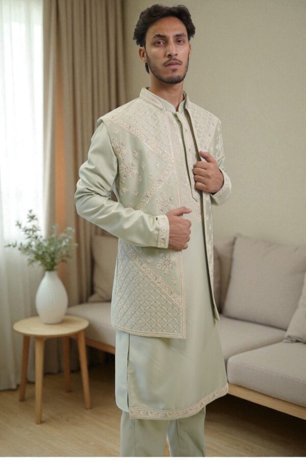 Olive Hand Embroidered Indo-Western Set - Image 4