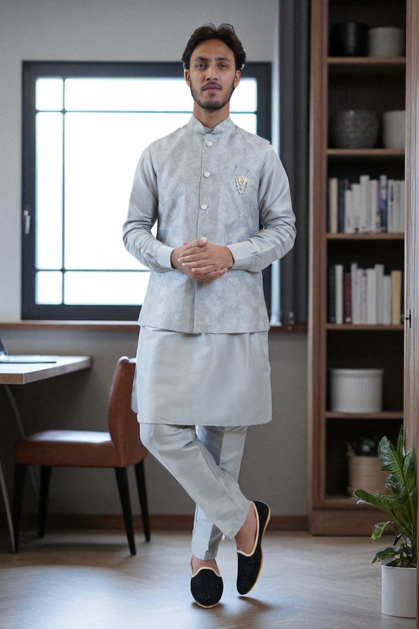Grey Kurta Jacket Set – Full Design | Luxury Wear - Image 2