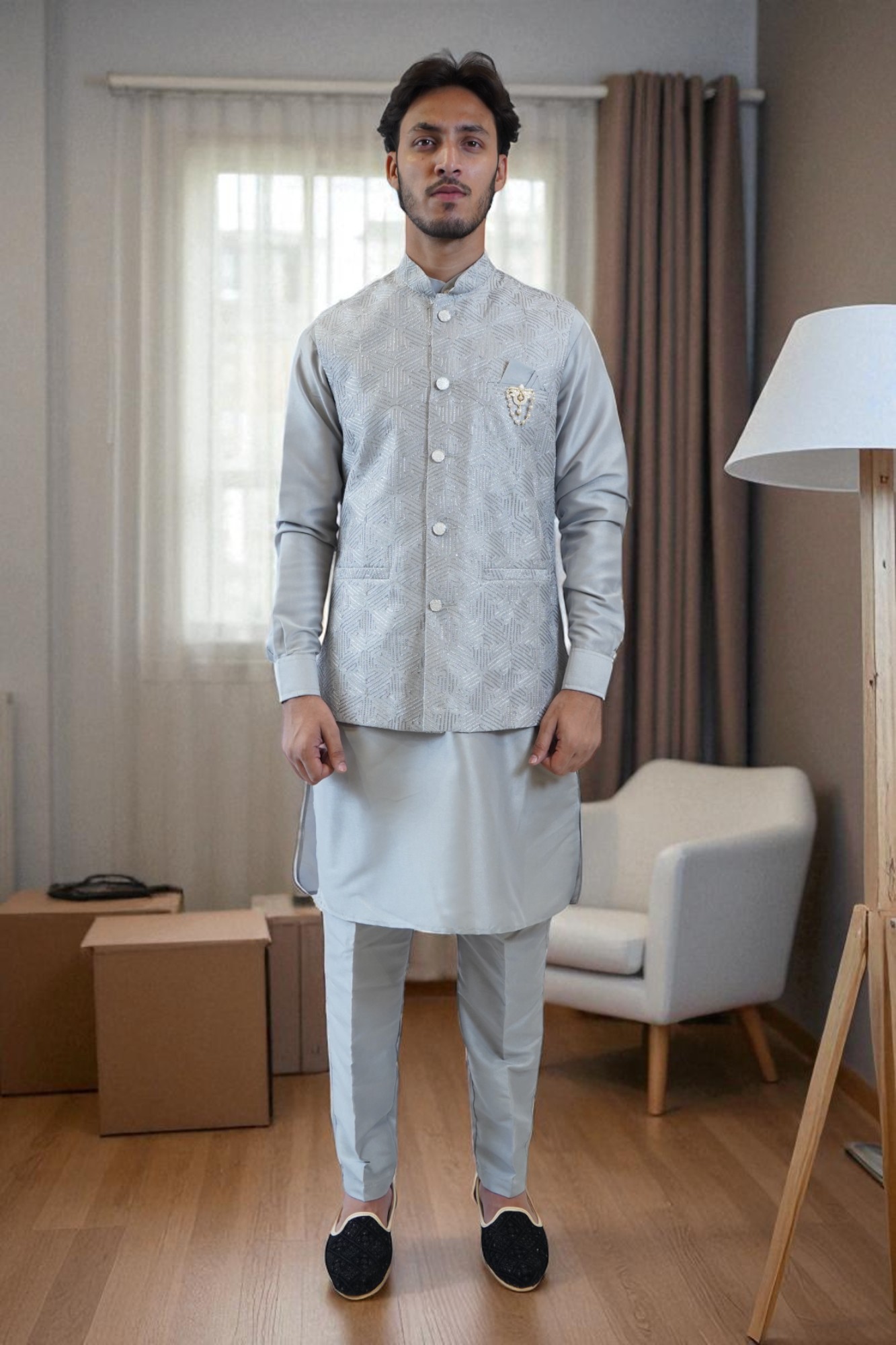 Grey Kurta Jacket Set – Full Design | Luxury Wear - Image 3
