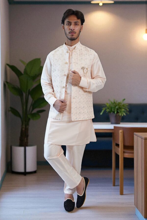 Pink Kurta Pajama Set with Full Embroidered Jacket - Image 2